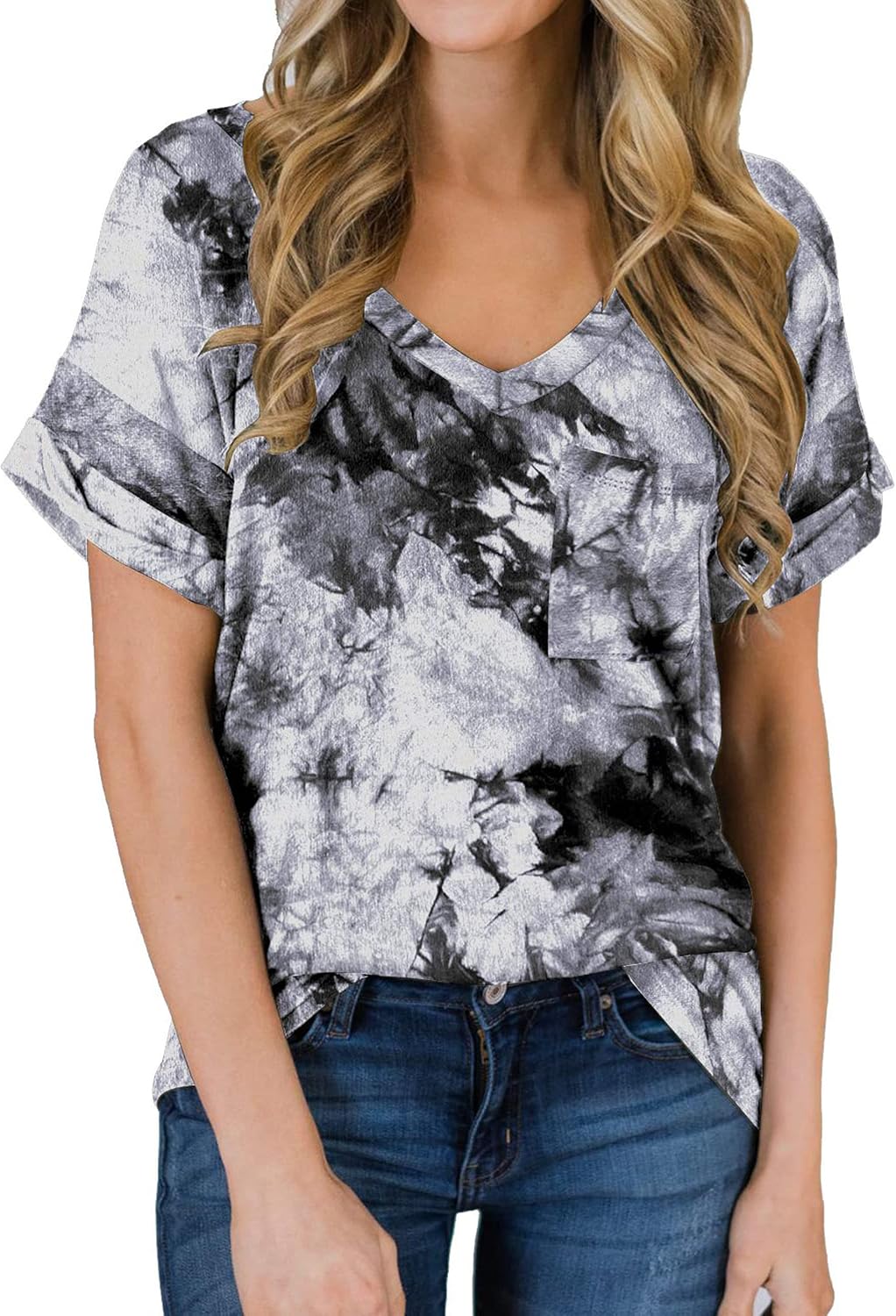 MIHOLL women's V-neck t-shirt lifestyle shot showcasing overall silhouette