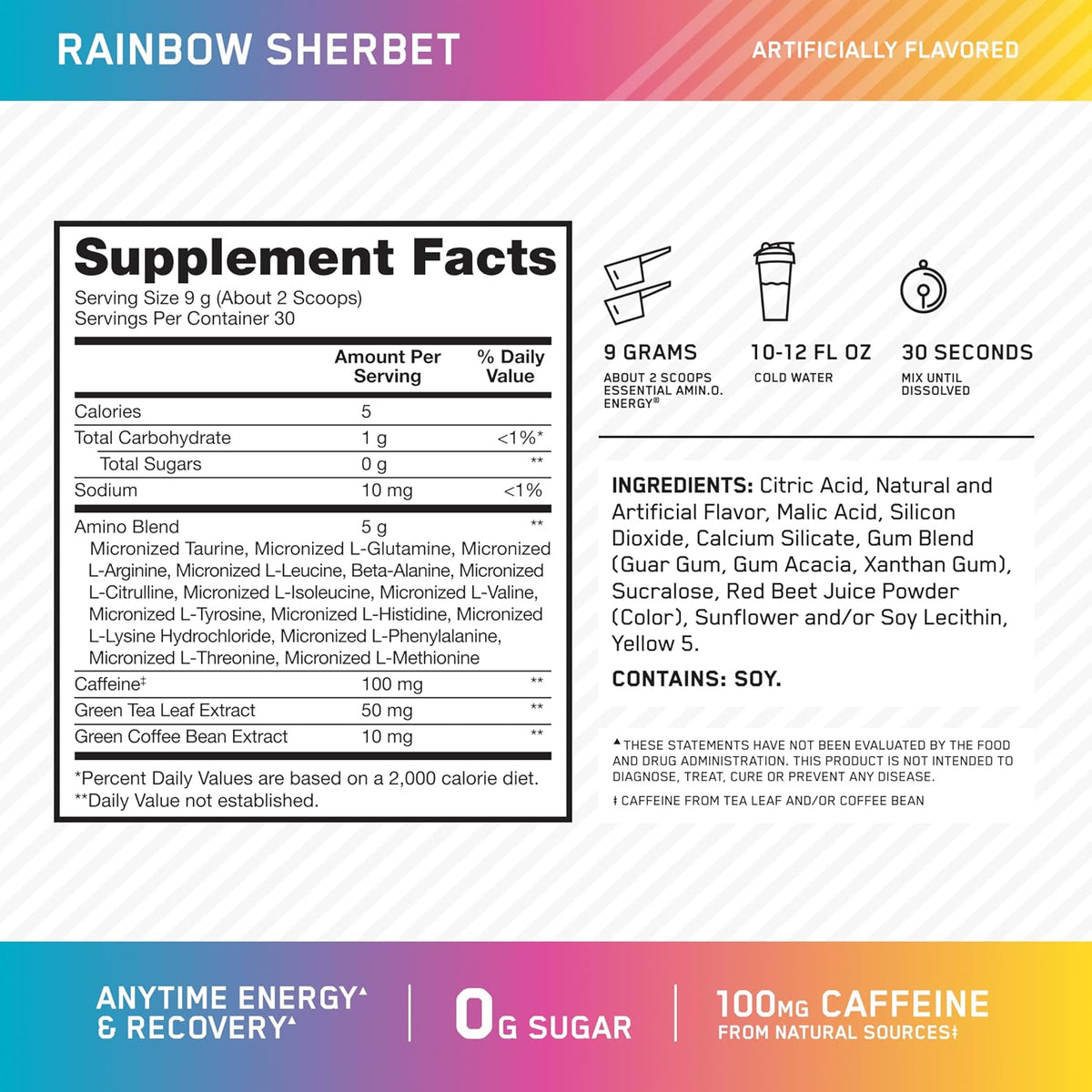 Optimum Nutrition amino acid pre workout powder nutrition facts label side view