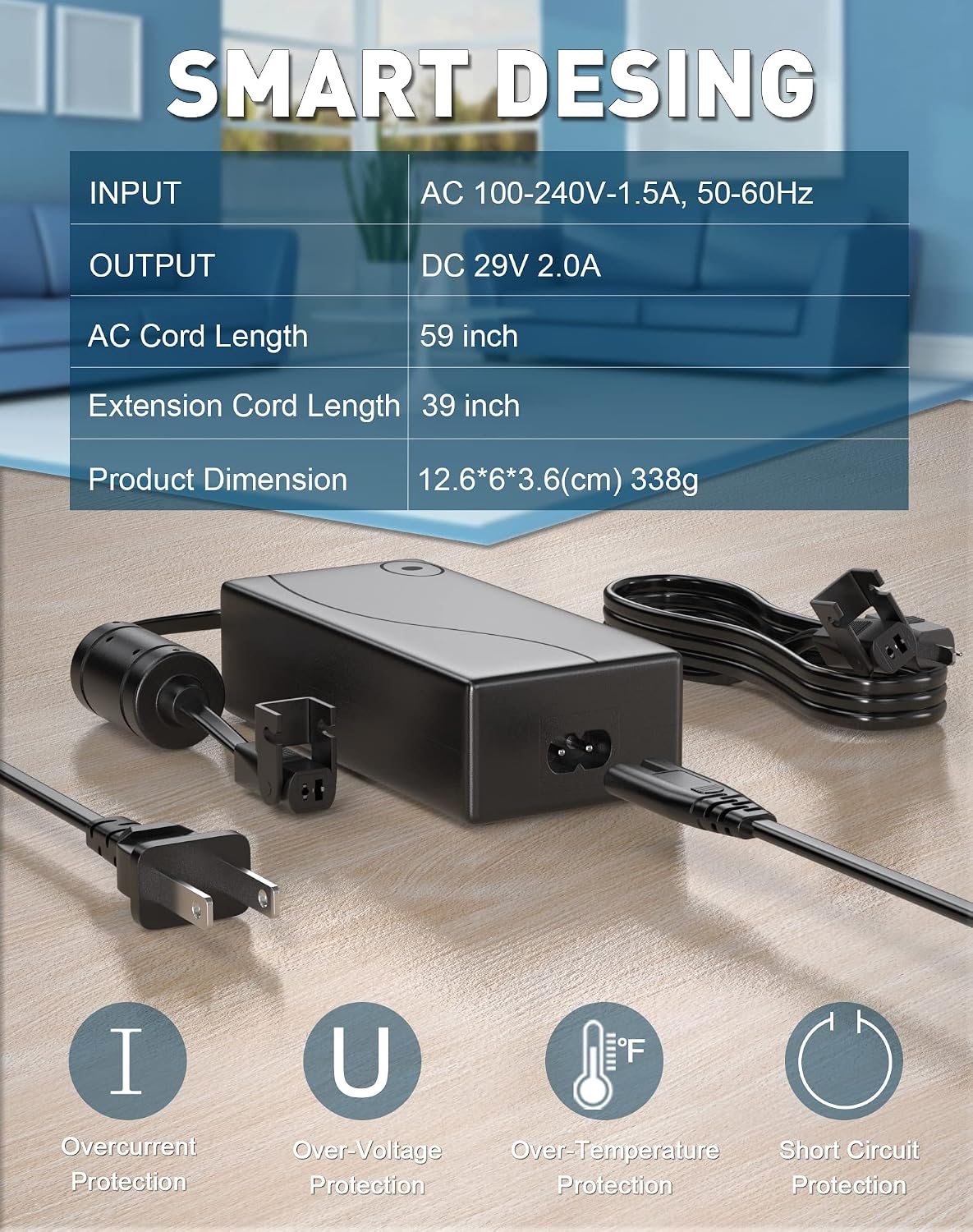 Recliner Power Supply, Ponkor AC/DC Switching Power Supply Transformer 2-pin 29V 2A Adapter with Extension Cord for Lift Chair or Power Recliner Limoss OKIN - Image 2