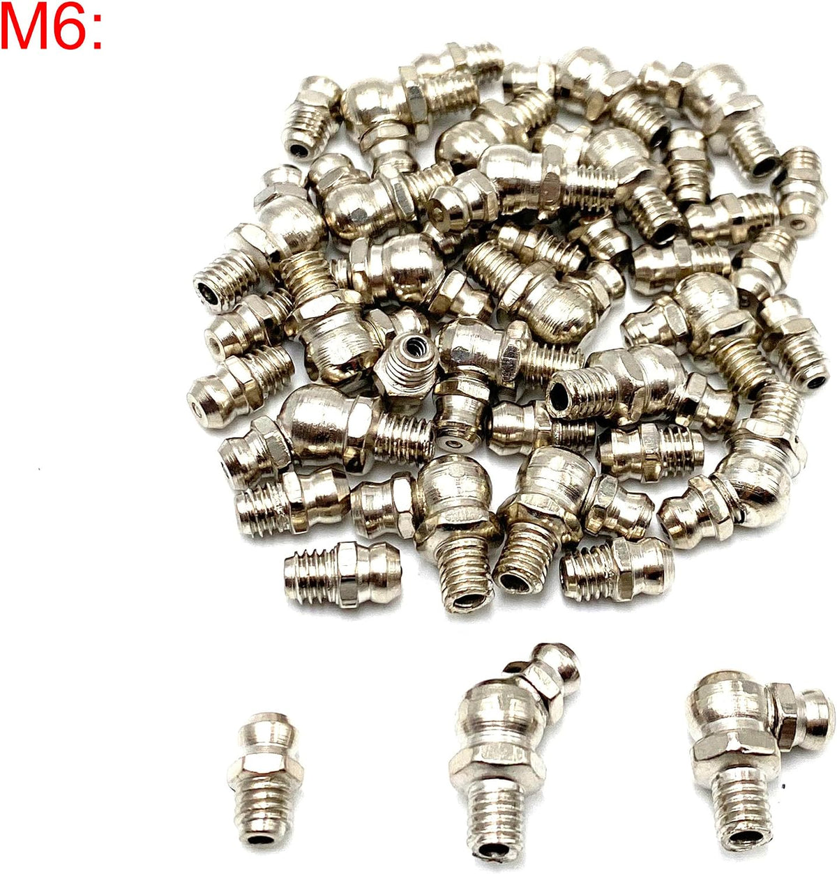 Assorted M6 M8 and M10 zerk fittings arranged by size