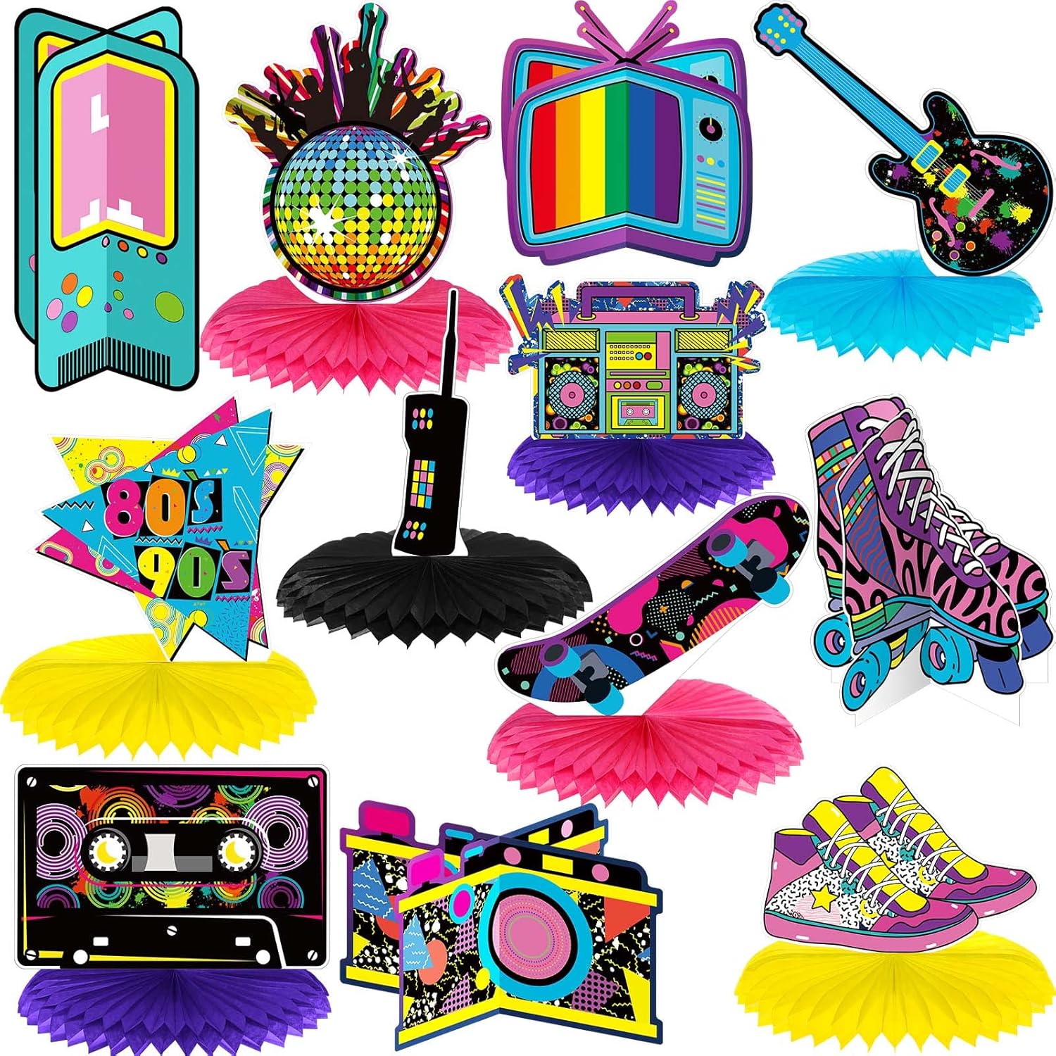 Containlol retro party decorations front view featuring twelve pieces of colorful eighties and nineties table centerpieces.