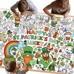 Actilize St Patricks Day giant coloring poster laid flat on a table showing intricate shamrock and leprechaun designs