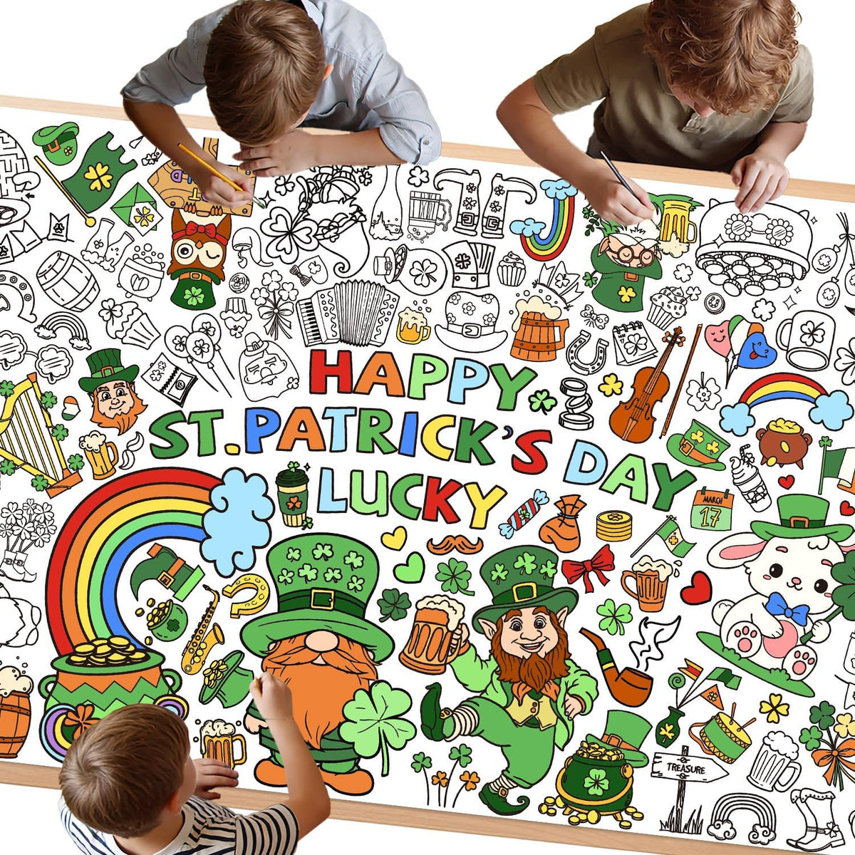 Actilize St Patricks Day giant coloring poster laid flat on a table showing intricate shamrock and leprechaun designs