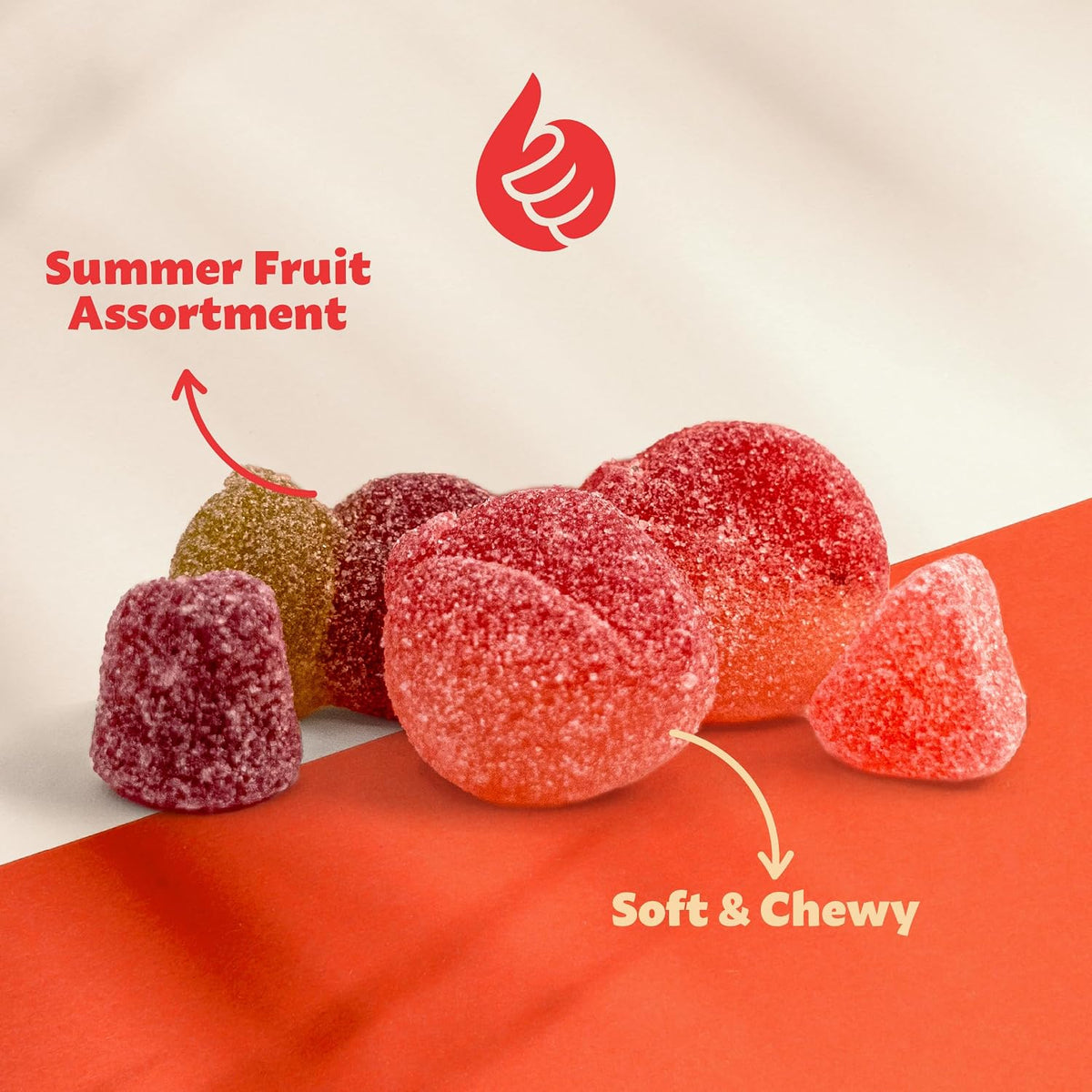 Close up of soft chewy plant based texture jelly candies