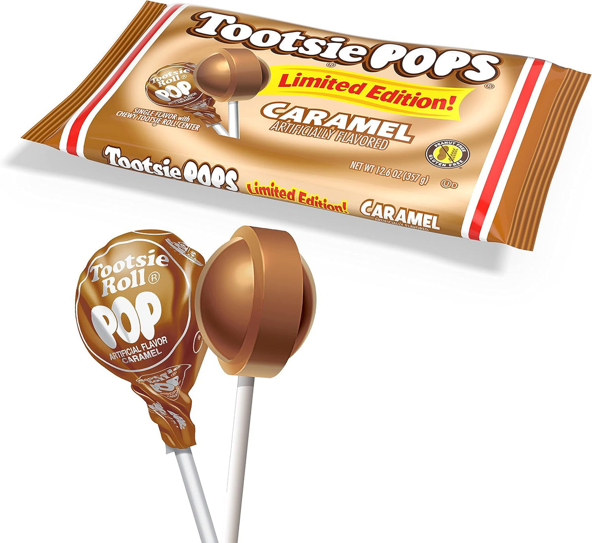 Back view of the Tootsie Roll limited edition caramel pop packaging displaying product details.