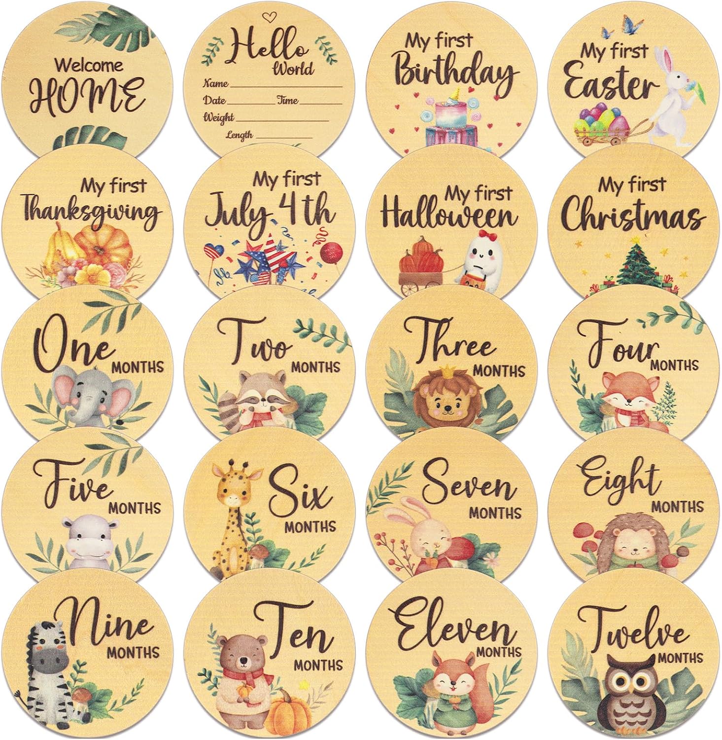 Roranic baby monthly milestone cards sign front view showcasing wooden discs for newborn photography props