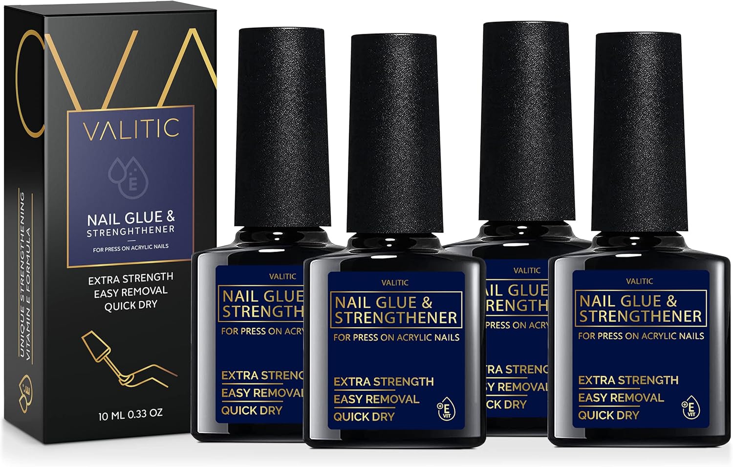 Valitic Strong Nail Glue and Strengthener for Acrylic and Press On Nails - Quick Dry Brush On Gel for Long Lasting Effect - Adhesive Nail Bond for False Nails with Tips Strengthener - 4 Pack - Image 1