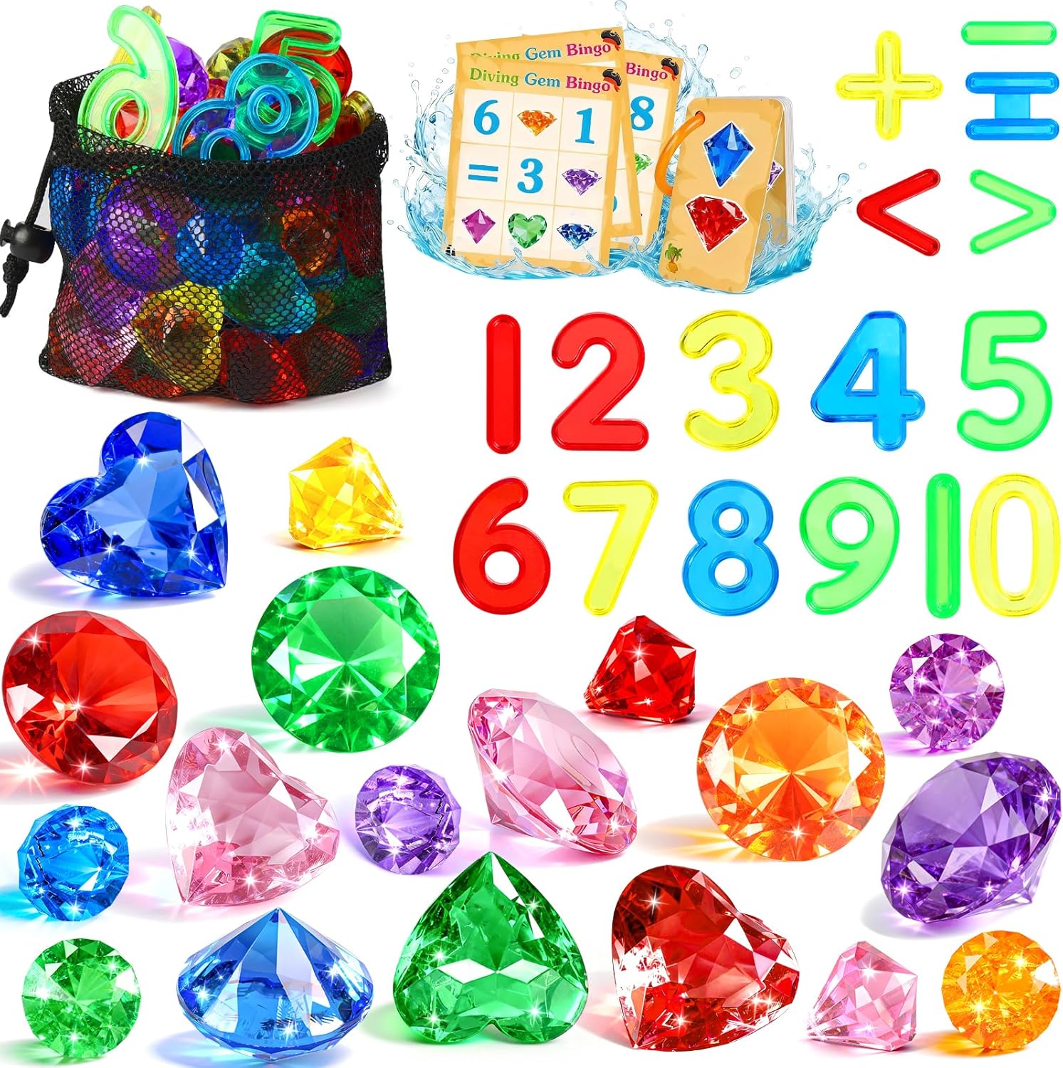 Meaicezli pool toys diving gems front view showing fifty four pieces scattered underwater
