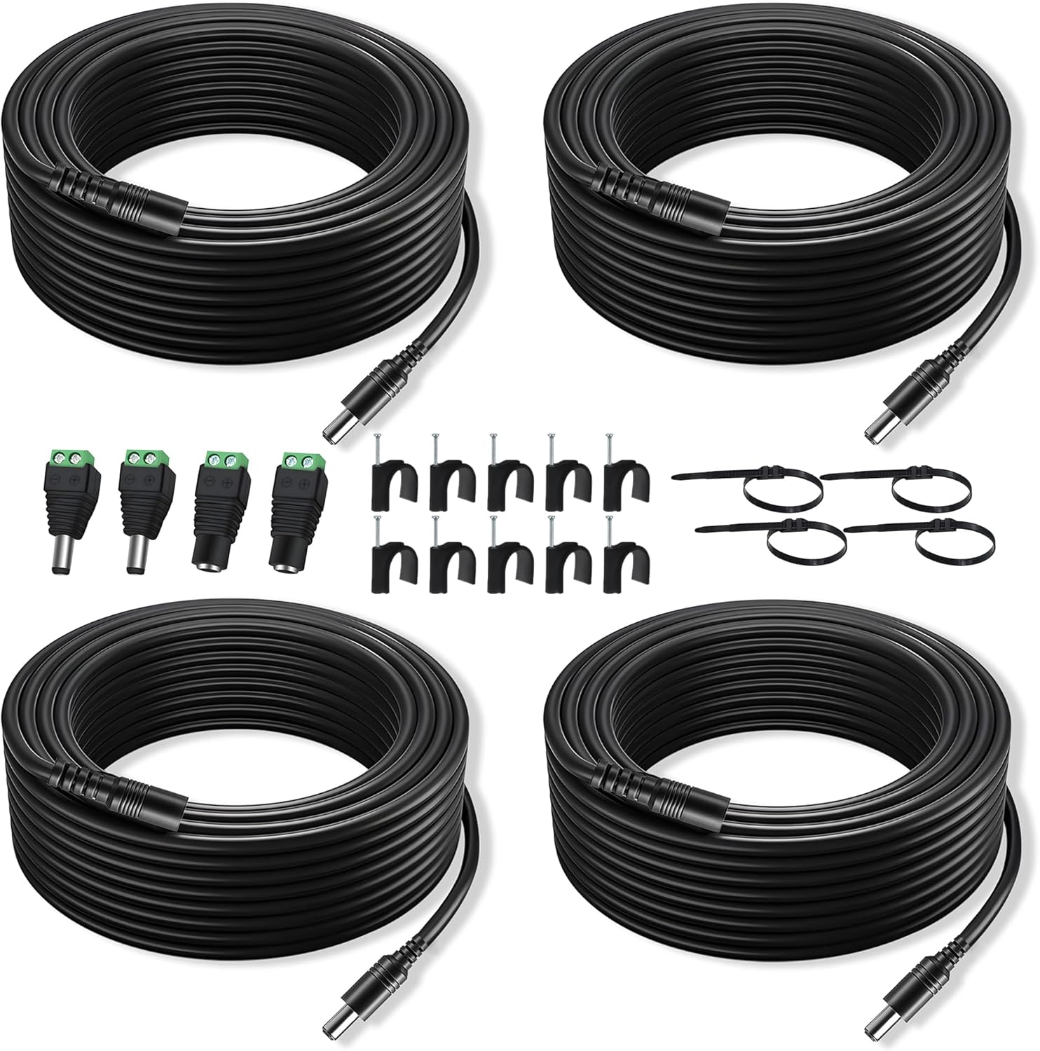 Dianrui DC power extension cable front view showing four black 33 feet cords for home security installation.