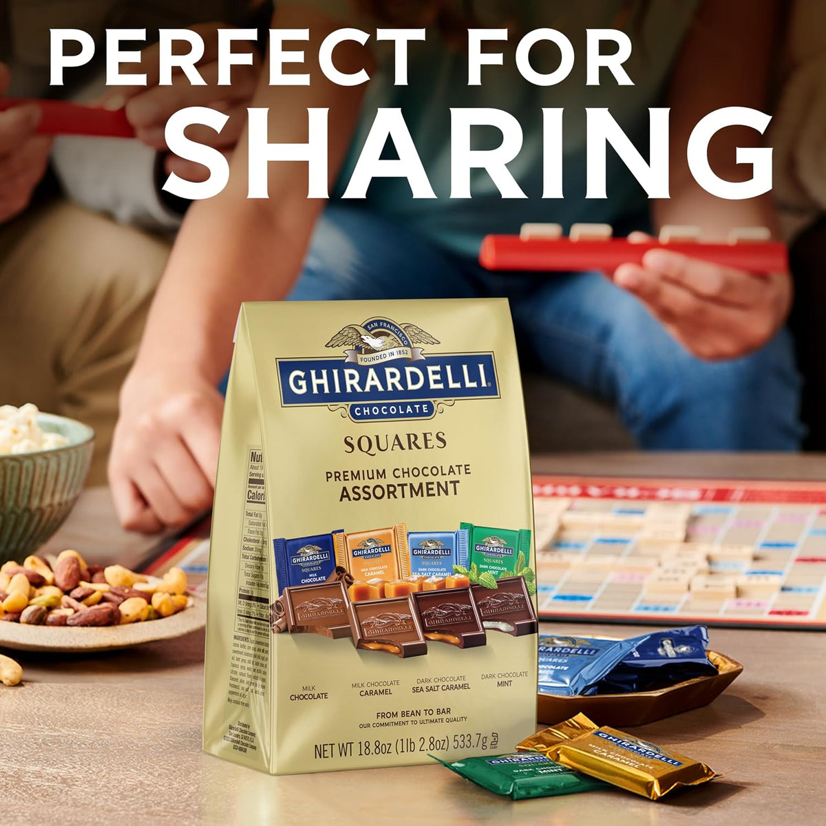 Open bag of Ghirardelli premium chocolate squares for snacking