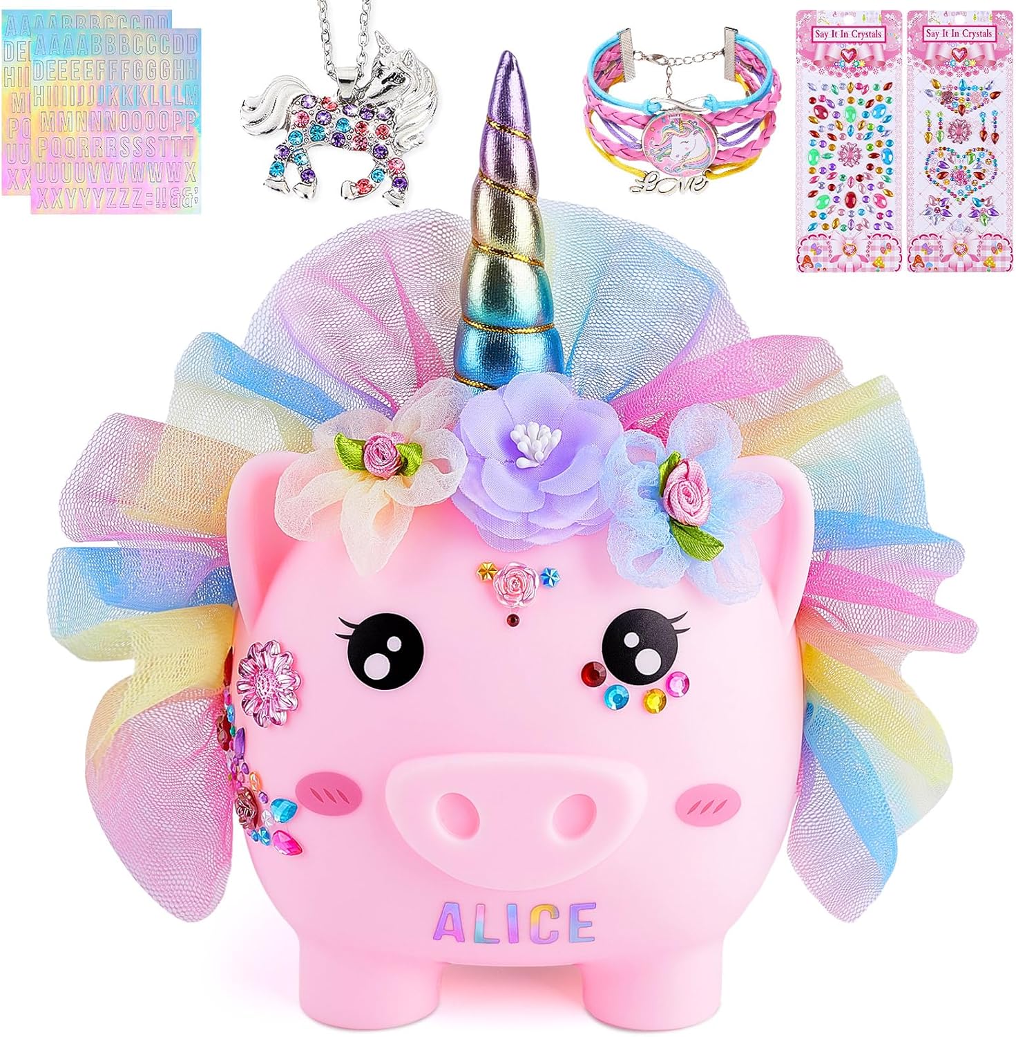 Play Tailor large unicorn piggy bank front view displaying pink body and rainbow dress.