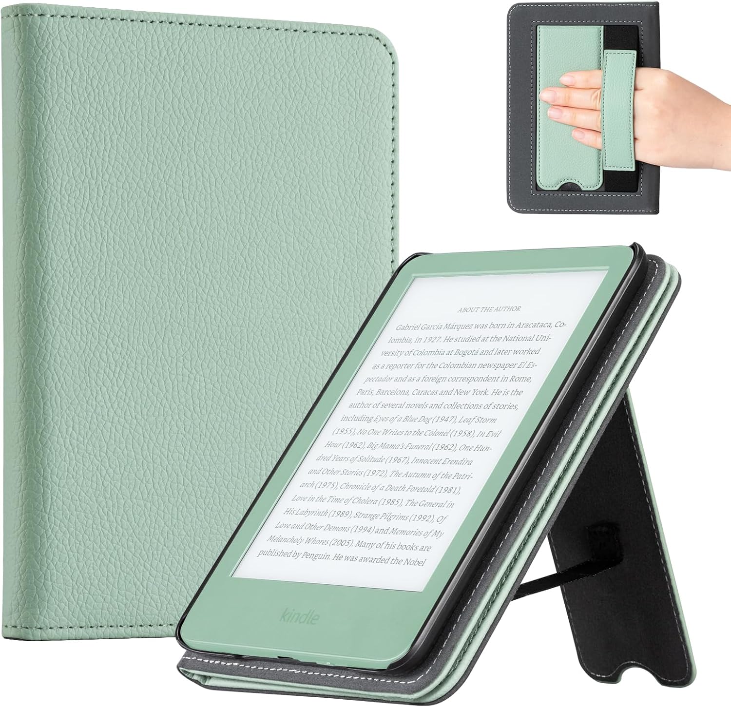 CoBak Sage Green Kindle case front view with stand visible