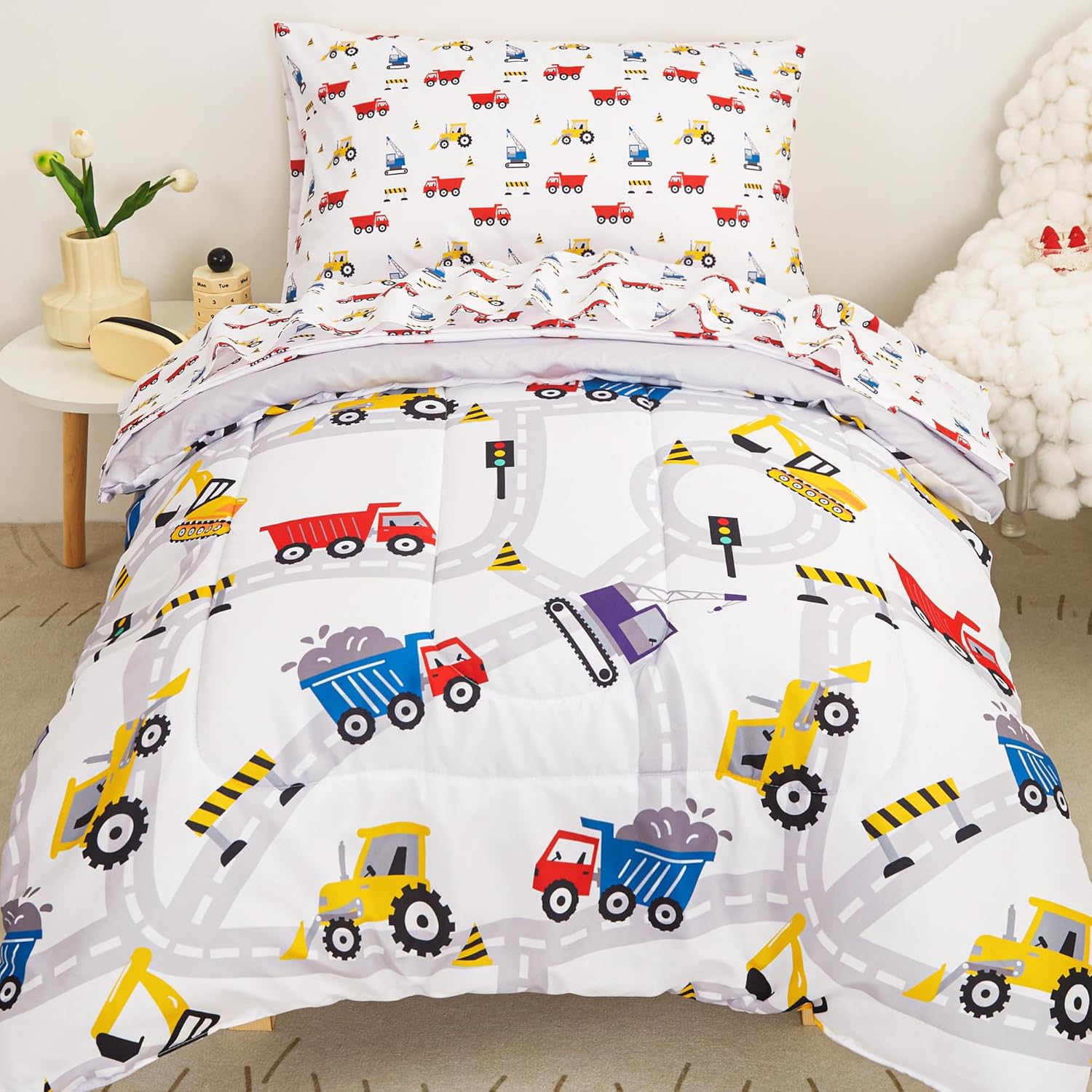 Viviland boys car toddler comforter set front view featuring colorful truck prints on a white background