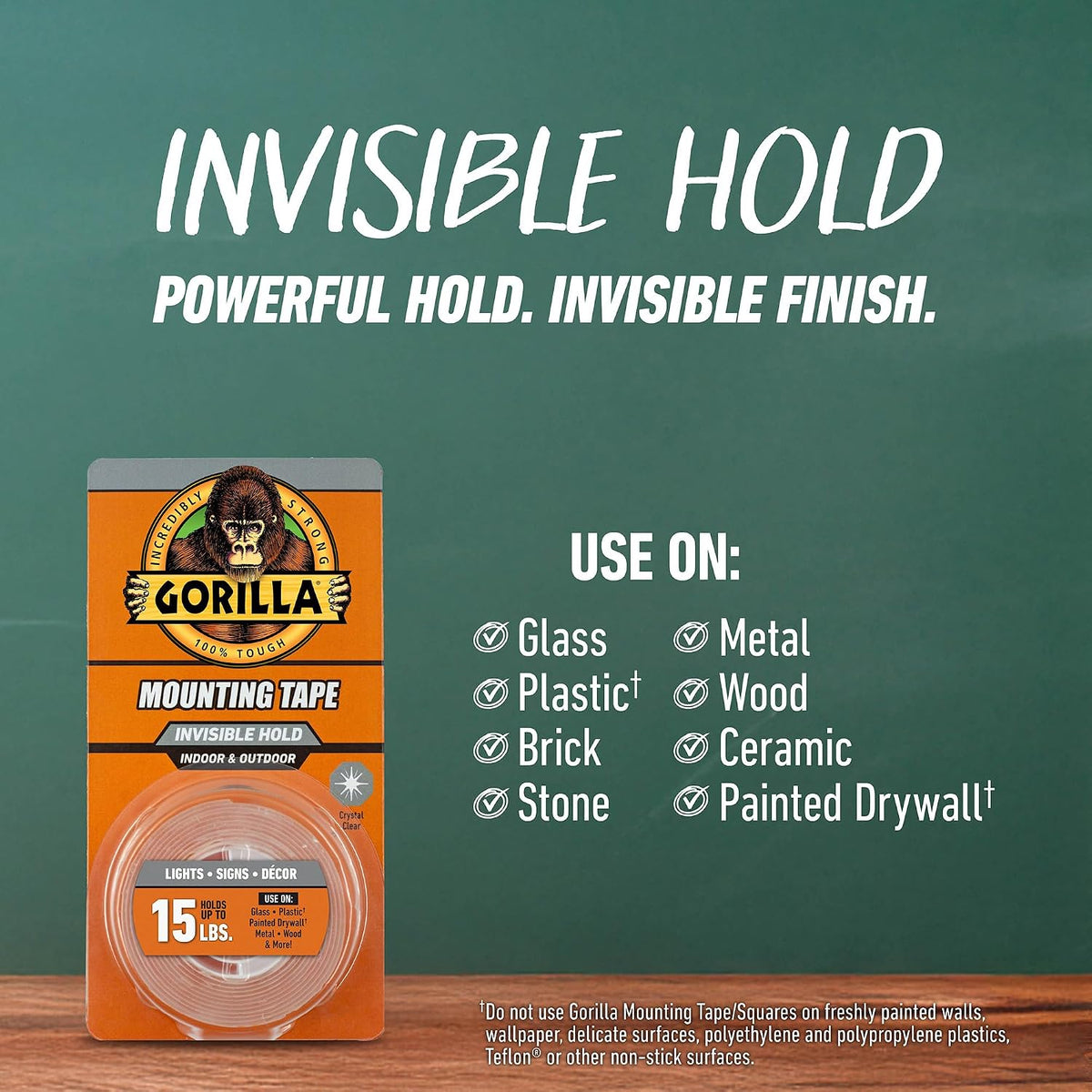 Gorilla mounting tape applied on wall surface