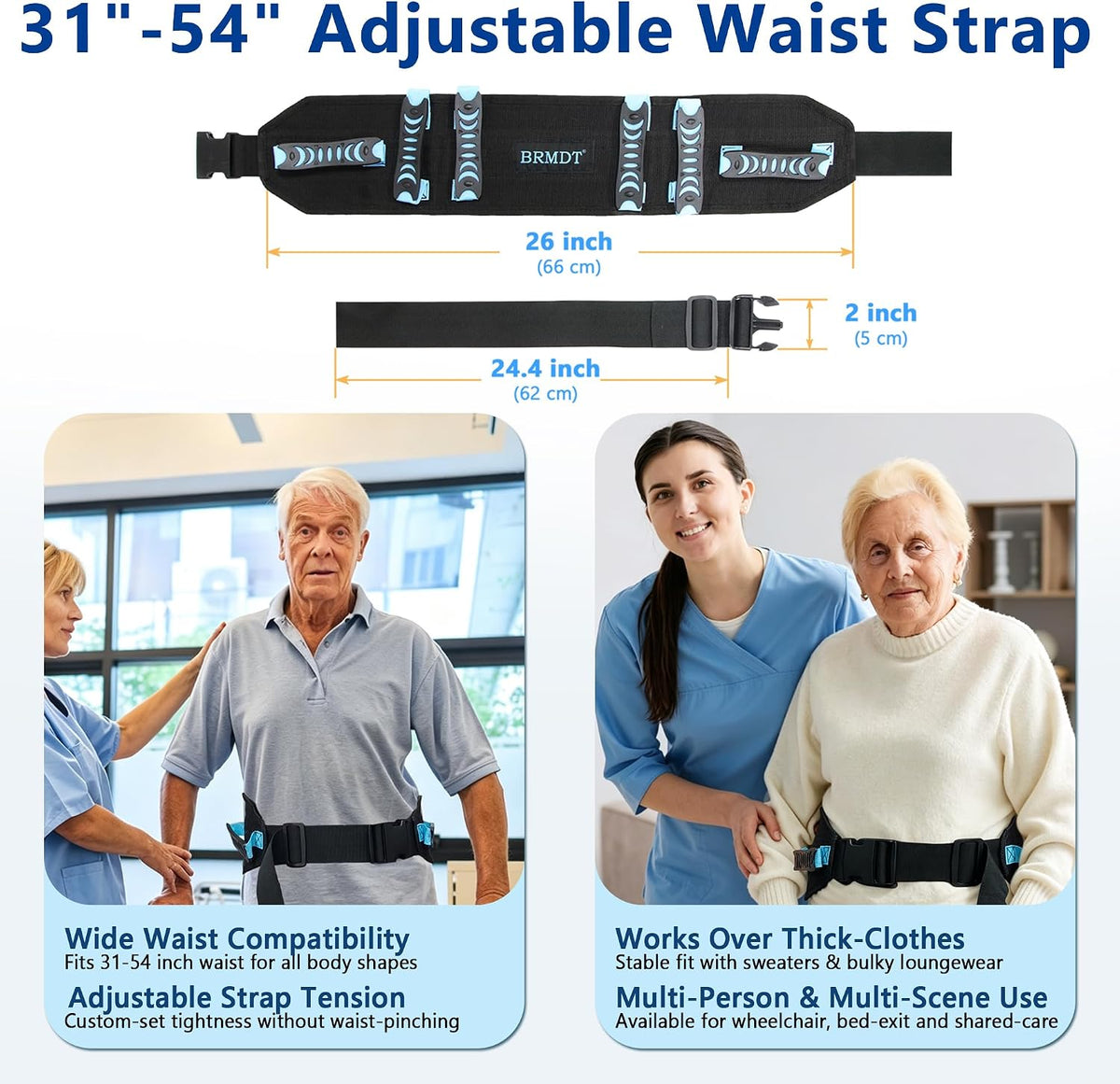 Gait Belt for Seniors, Adjustable Medical Transfer Safety Belt with Handles, Quick Release Buckle, Durable Nylon Mobility Assist Gait Belts for Elderly, Disabled & Patient(31.5-54in, 250lbs) - Image 5