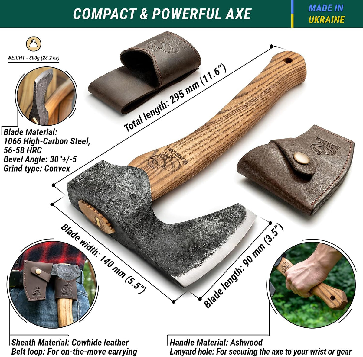 BeaverCraft bushcraft axe paired with cowhide leather sheath and belt loop