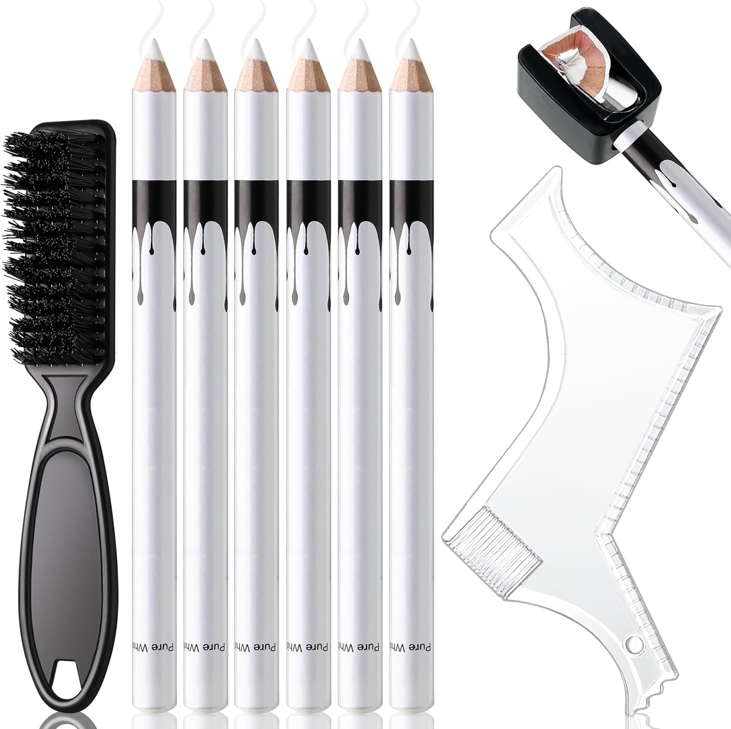 Noerrors White Barber Pencil lineup grooming set front view with six pencils and sharpener
