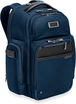 Briggs & Riley navy laptop backpack side profile