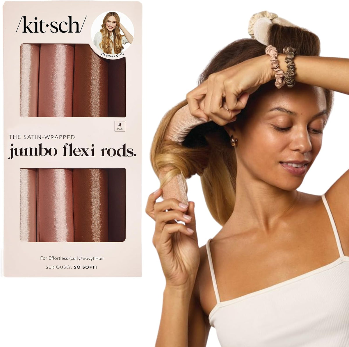 Kitsch Satin Hair Curlers Jumbo Flexi Rod Rosewood front view showing the pack of four heatless rollers.