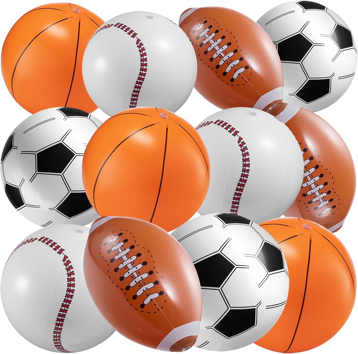Bedwina inflatable sports beach balls twelve pack front view showing basketball baseball football and soccer designs