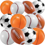 Bedwina inflatable sports beach balls twelve pack front view showing basketball baseball football and soccer designs