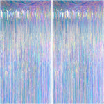 Melsan iridescent foil fringe backdrops front view displaying shimmering metallic tinsel strands.