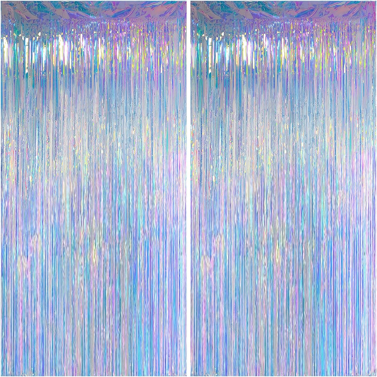 Melsan iridescent foil fringe backdrops front view displaying shimmering metallic tinsel strands.