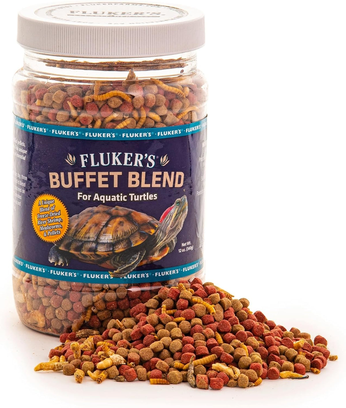 Fluker's floating pellets with freeze dried river shrimp and mealworms reptile food