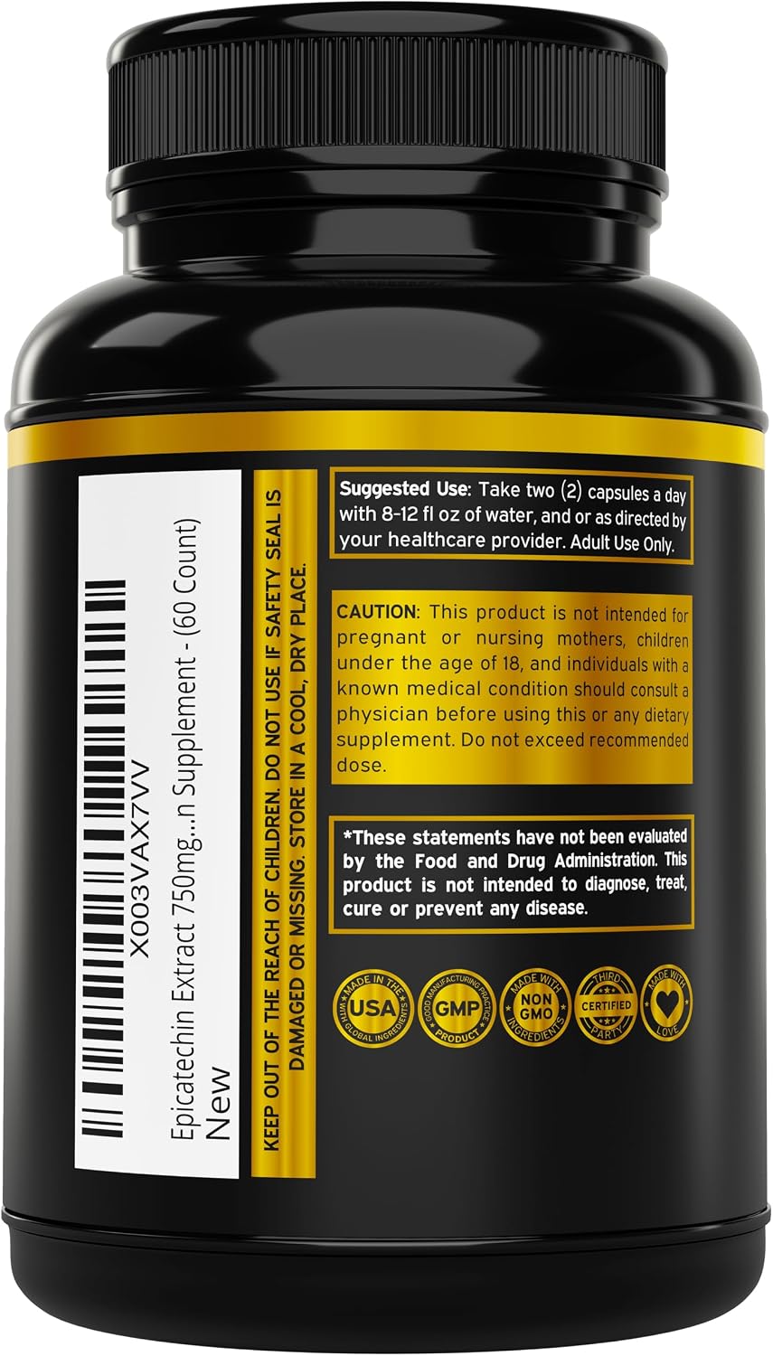 Back of bottle showing supplement facts for Epicatechin