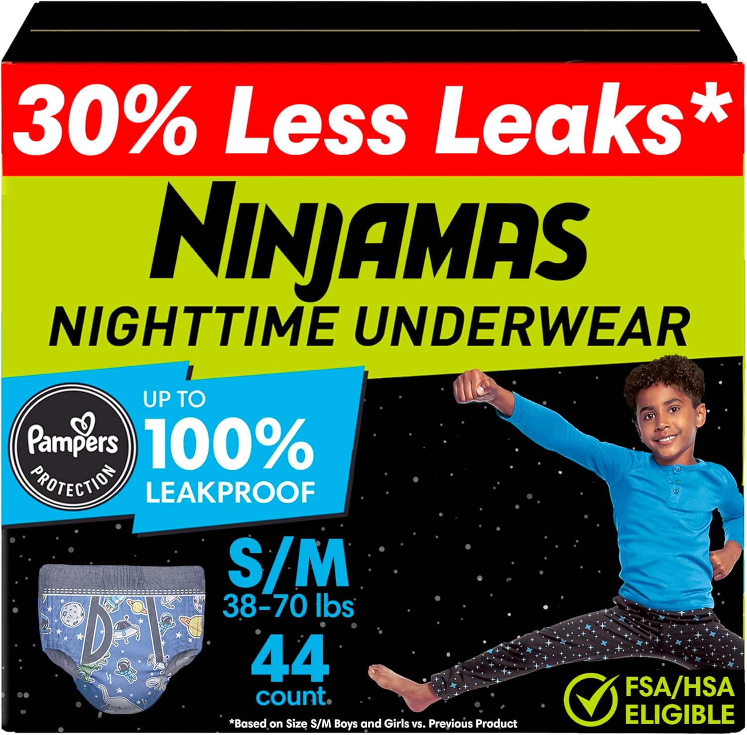 Pampers Ninjamas Boys Bedwetting Nighttime Underwear retail box front view showcasing overnight protection features