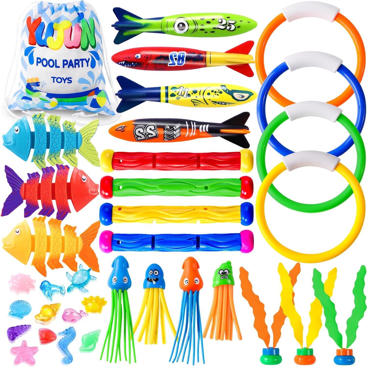 YUJUN 35 Pieces Pool Diving Swimming Toys front view showing the complete colorful underwater game set.