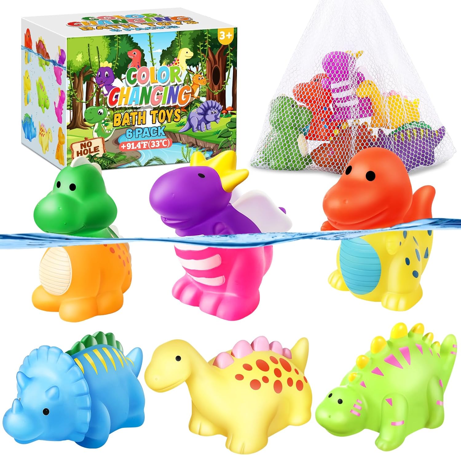 Macaloca color changing no hole dinosaur bath toys front view of six multi colored pieces