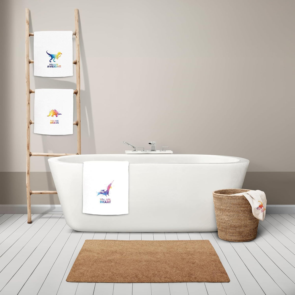 Kunlisa dinosaur hand towels hanging in children bathroom setting