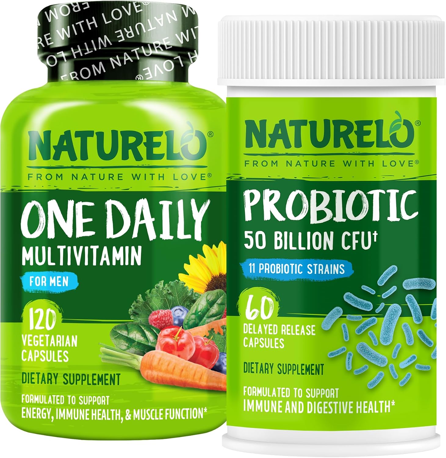 Naturelo Probiotics and Men Multivitamin bundle front view authentic supplement bottle