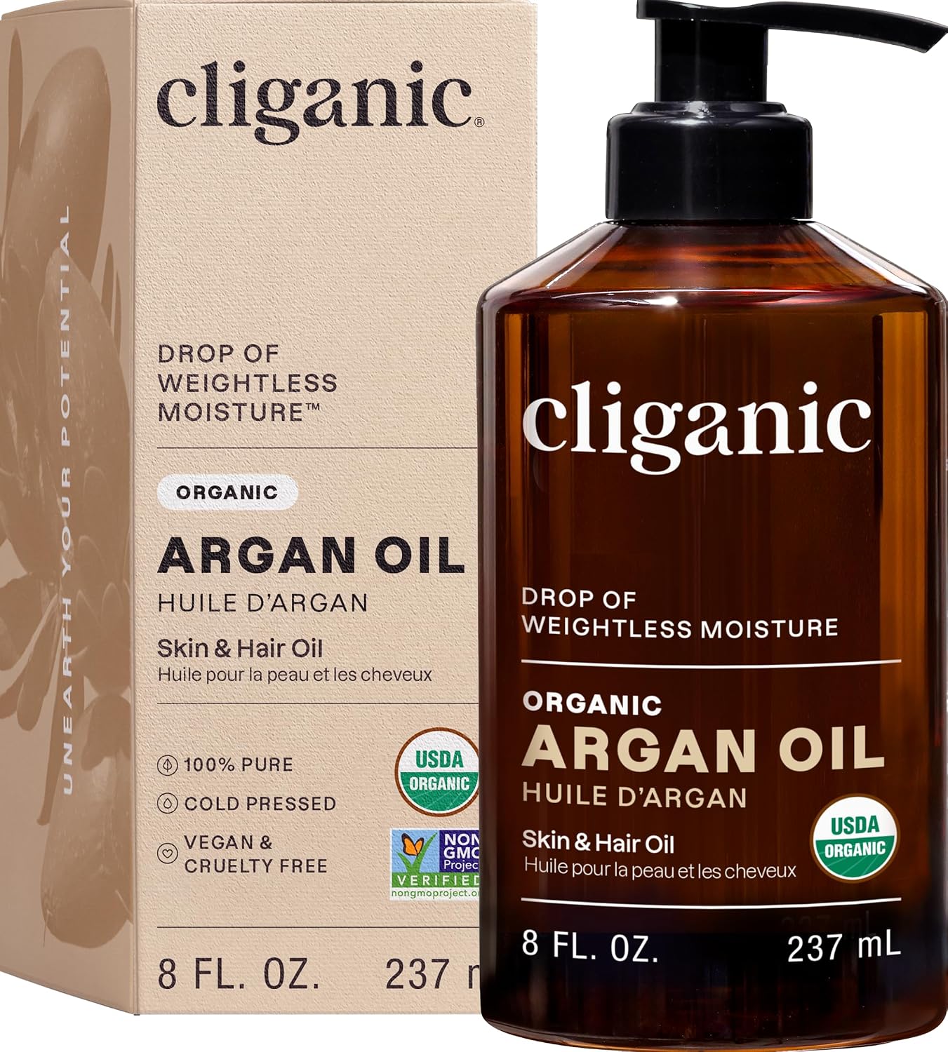 Cliganic Organic Argan Oil, 100% Pure - for Hair, Face & Skin | Cold Pressed Carrier Oil, 8 oz - Image 1