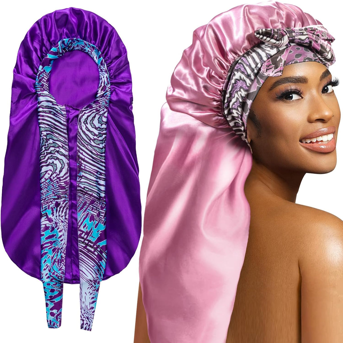 2Pcs Bonnets for Black Women Braid Bonnet, Large Long Satin Bonnet for Braids, Silk Bonnet with Stretchy Tie Band Sleep Cap Hair (2Pcs-Black&Blue) - Image 15