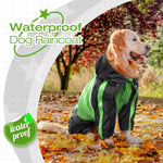Full coverage pet jumpsuit style raincoat with secure belly button closures.