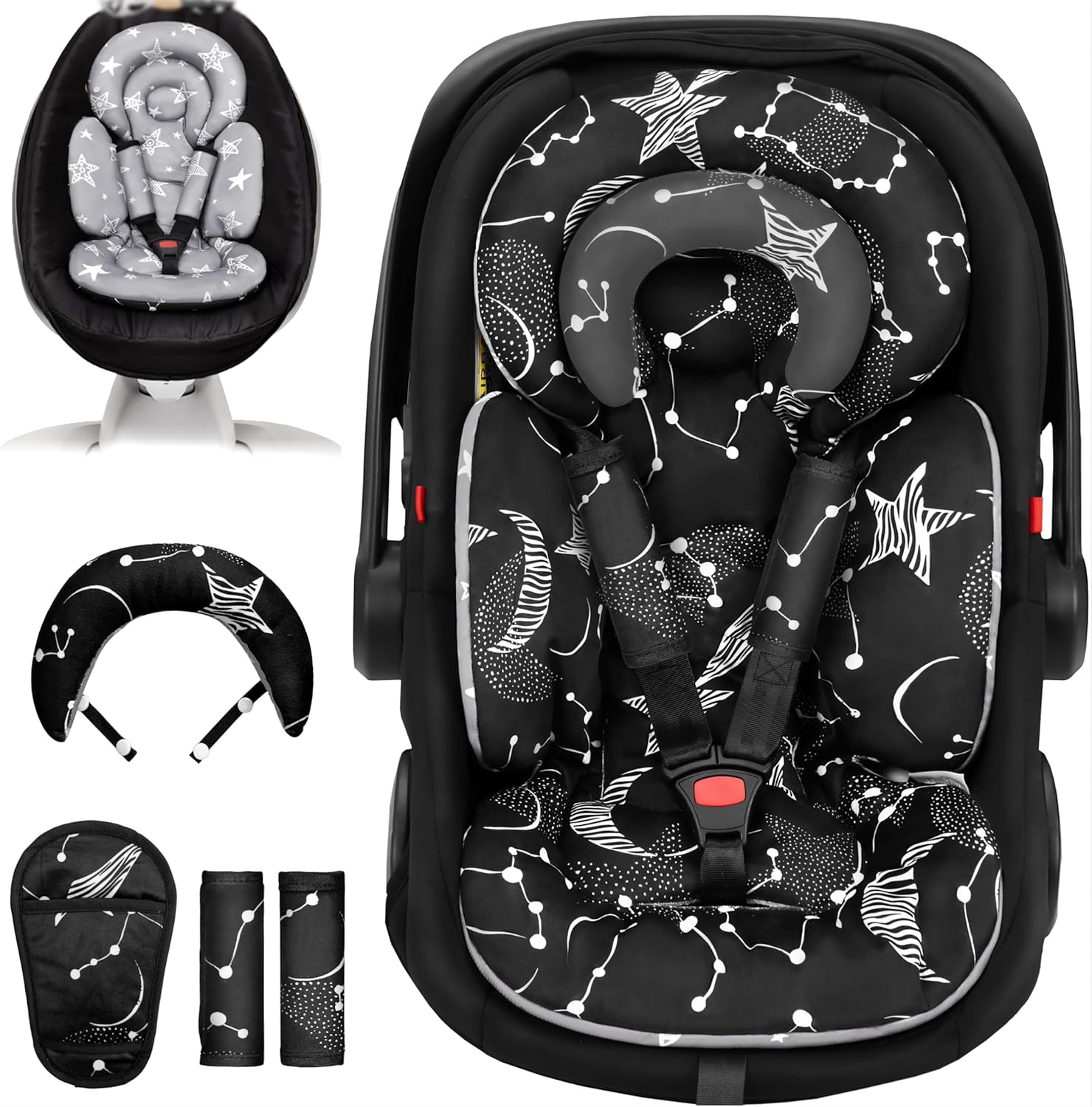 TinlyFinly infant car seat insert in Black Star pattern showing the full-body front view support layout.