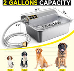 Two gallon stainless steel dog bowl with chew proof hose attached