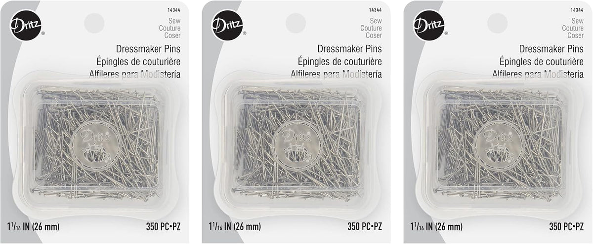 Dritz dressmaker pins front view showing the 3-pack packaging and clear storage boxes.