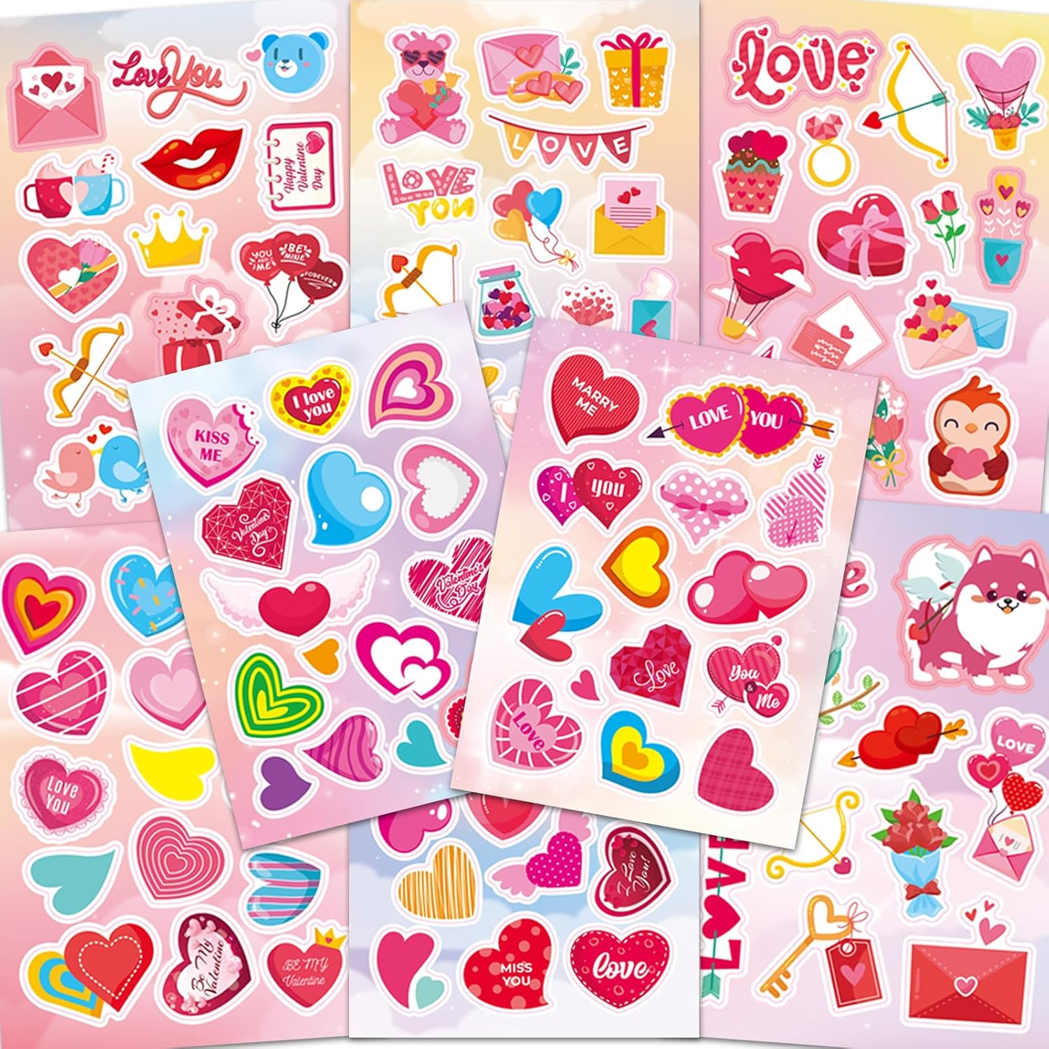 Ozepao Valentine Day stickers for kids front view of multiple colorful sheets displaying heart designs