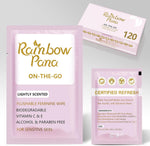 Rainbow Pana Feminine Wipes 120 count box front view for intimate hygiene.