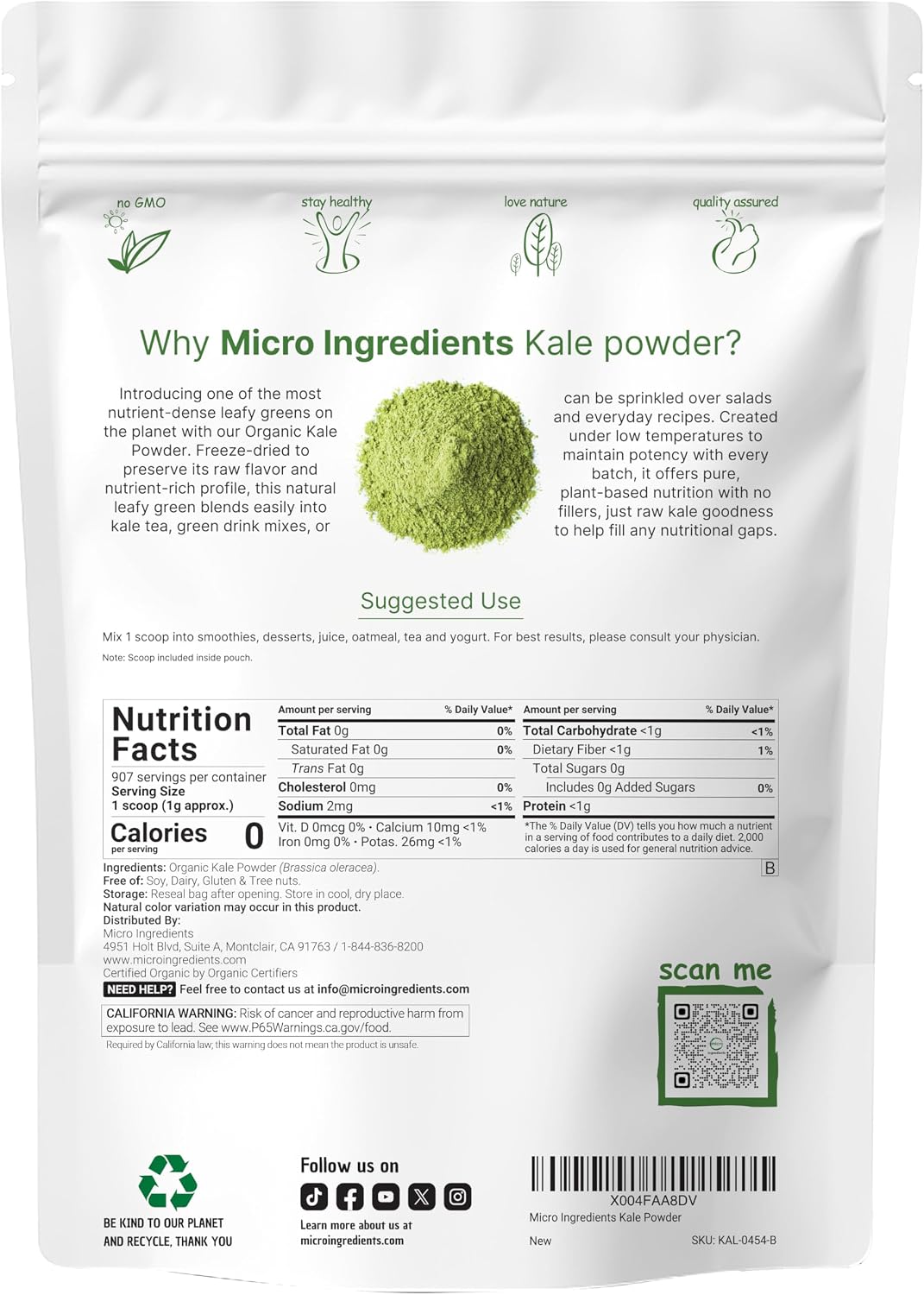 Micro Ingredients kale powder nutritional label and ingredients