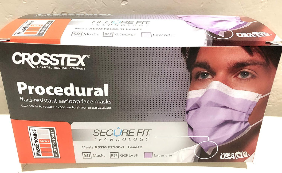 Crosstex international gcplv earloop mask front view packaging