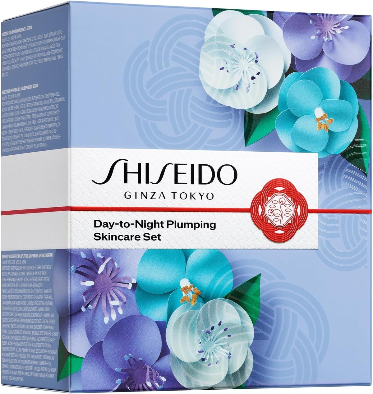 Back overview of Shiseido plumping skincare set demonstrating the complete day and night routine steps