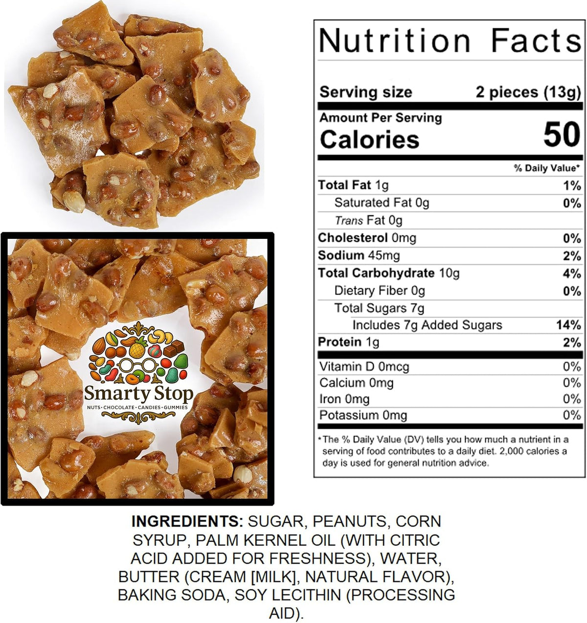 Close up view of crunchy old fashioned peanut brittle pieces loaded with roasted peanuts