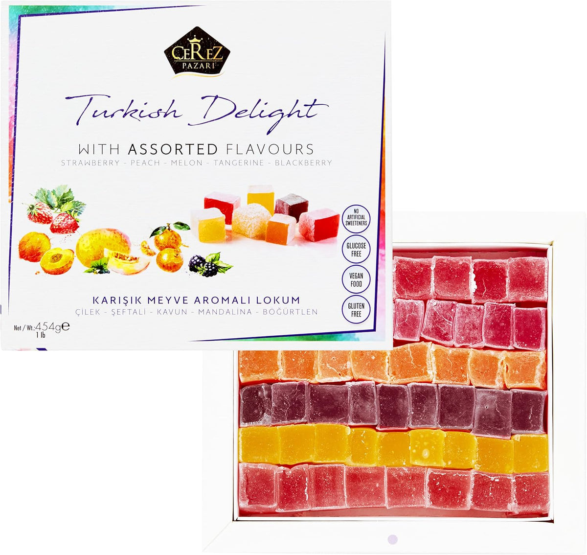 Cerez Pazari Turkish Delight Candy With Assorted Flavors 16 oz, Gourmet Snacks Gift Box, No Nuts Sweet Traditional Confectionery Vegan Candy Dessert Lokum Loukoumi Approx.33-38 pcs - Image 2