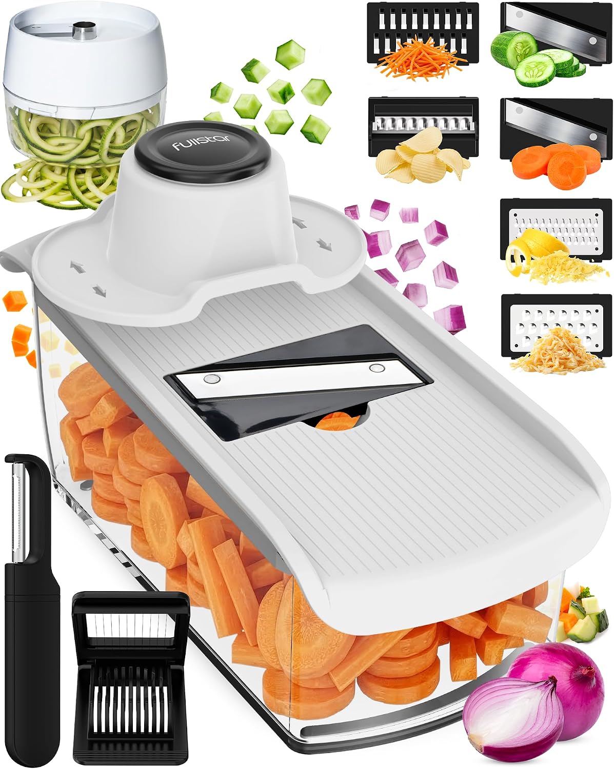 Fullstar Pro Mandoline Vegetable Slicer, Grater & Spiralizer with Container | 6 in 1 Fruit Cutter, Cheese Grater & Spiralizer with Safety Gloves, Stainless Steel Blades & Container (White/Black) - Image 10
