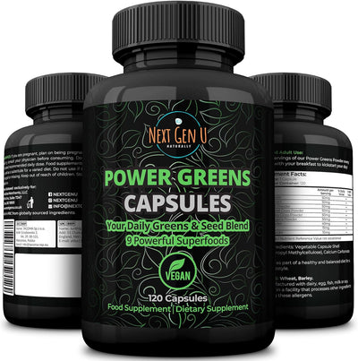 Super Greens - Immune System Support - 500 mg 120 Vegan Capsules - Superfoods for Daily Booster - Healthy Keto Blend with Acai, Wheatgrass, Guarana, Chlorella, Flaxseed, Matcha, Maca - by NextGenU - Image 1