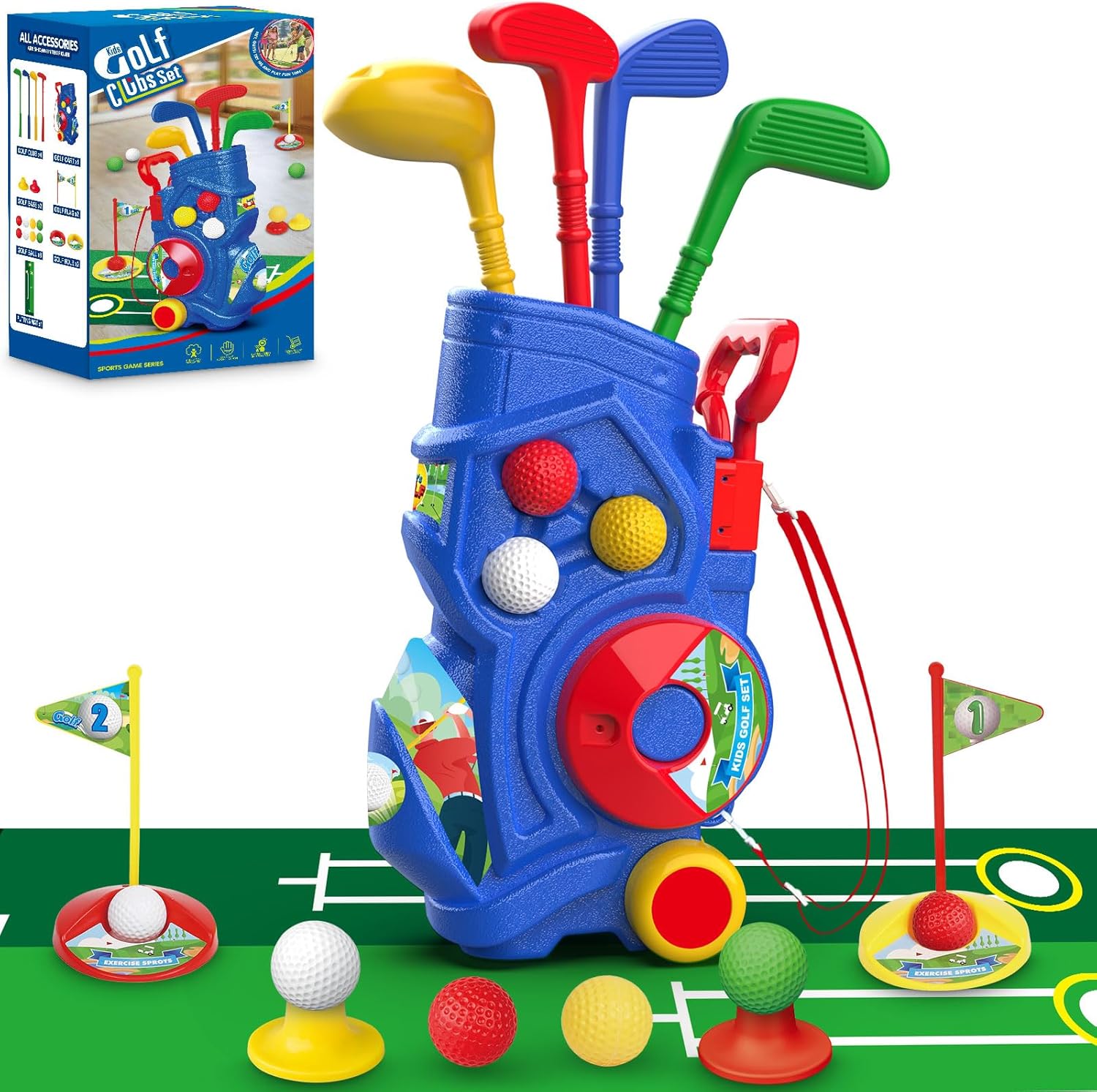 Letapapa Toddler Golf Set with blue cart and clubs front view